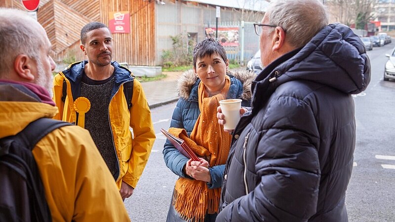 Liberal Democrat campaigners Chris French and Doug Buist with London Assembly Member Caroline Pidgeon in Waterloo