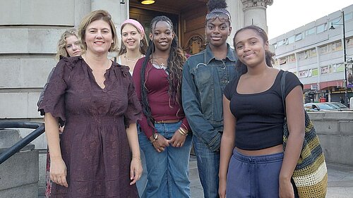 Photo of 6 young women outside Lambeth Town Hall steps